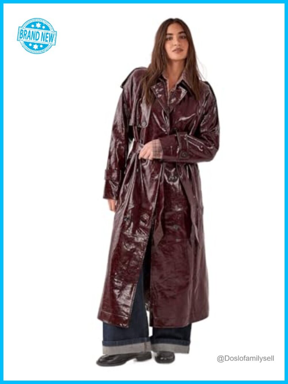 Oversized Vinyl High Shine Faux Leather Trench Coat Belted Long Sleeve